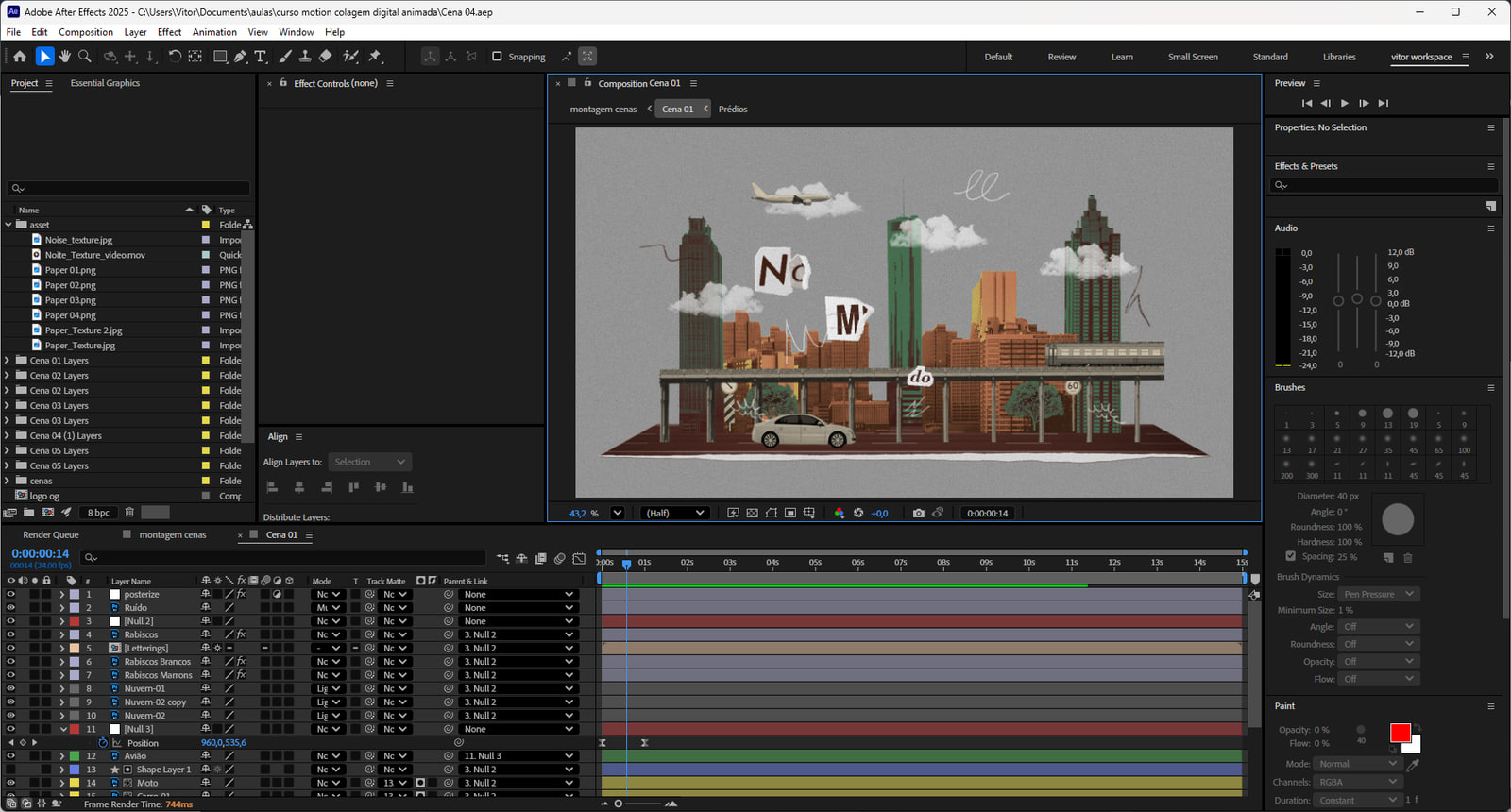 Composição da cena 01 aberta no After Effects, com a cidade em camadas e a linha do tempo