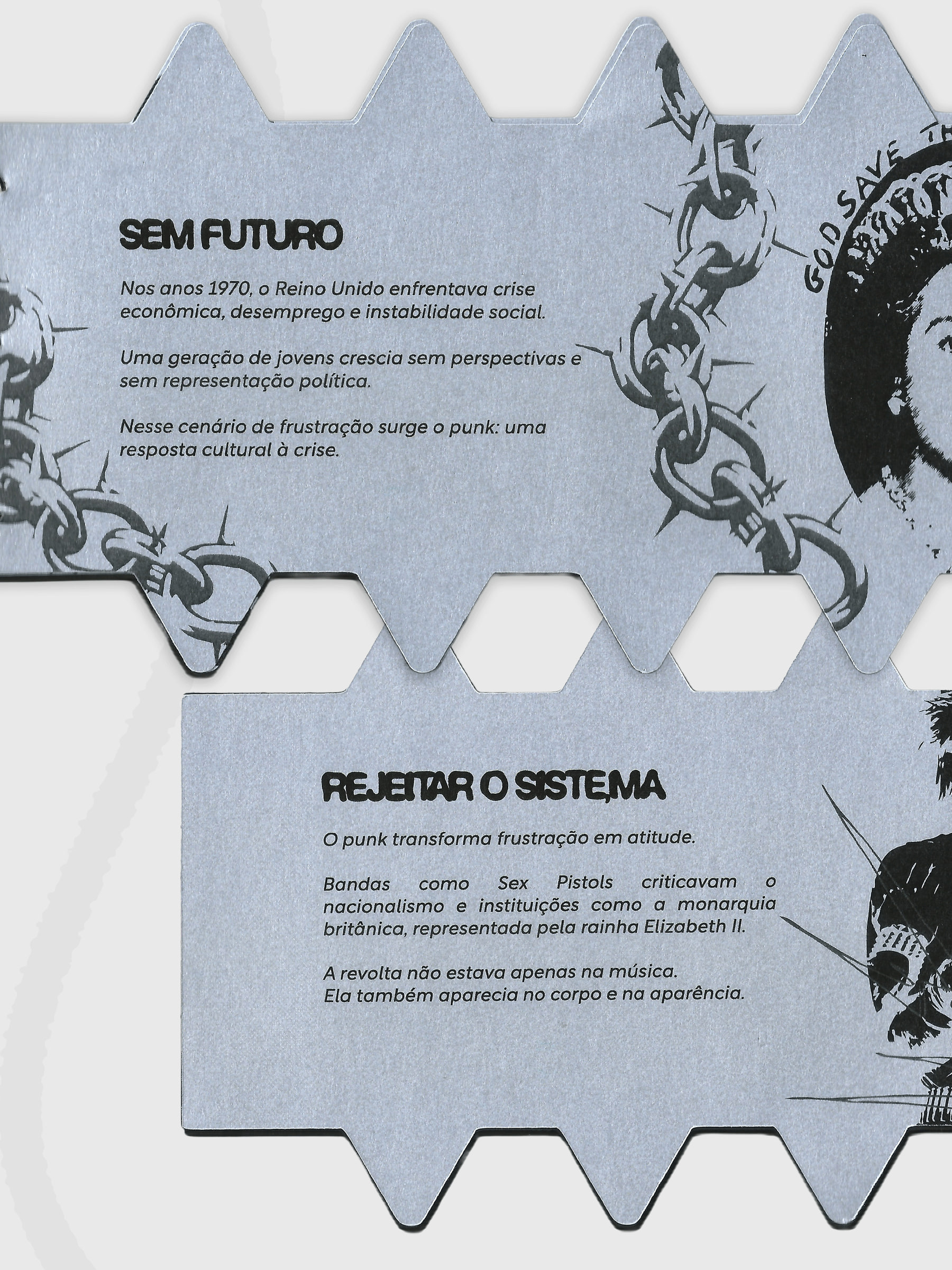 Página Sem futuro, com a rainha e correntes, e página Rejeitar o sistema