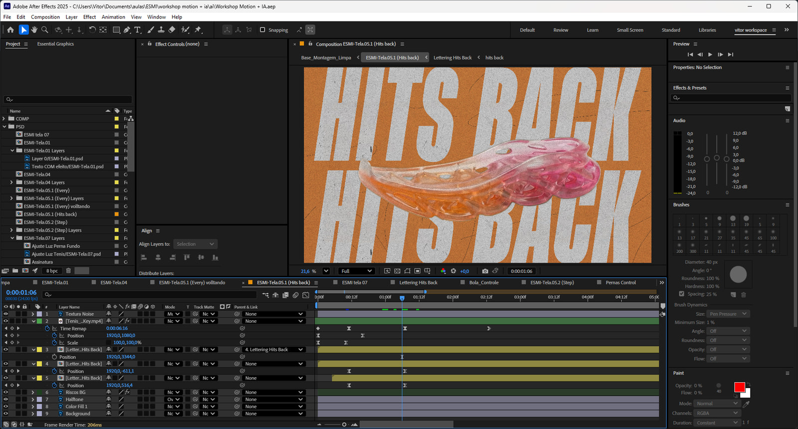 Composição da cena Hits back aberta no After Effects, com a sola em 3D