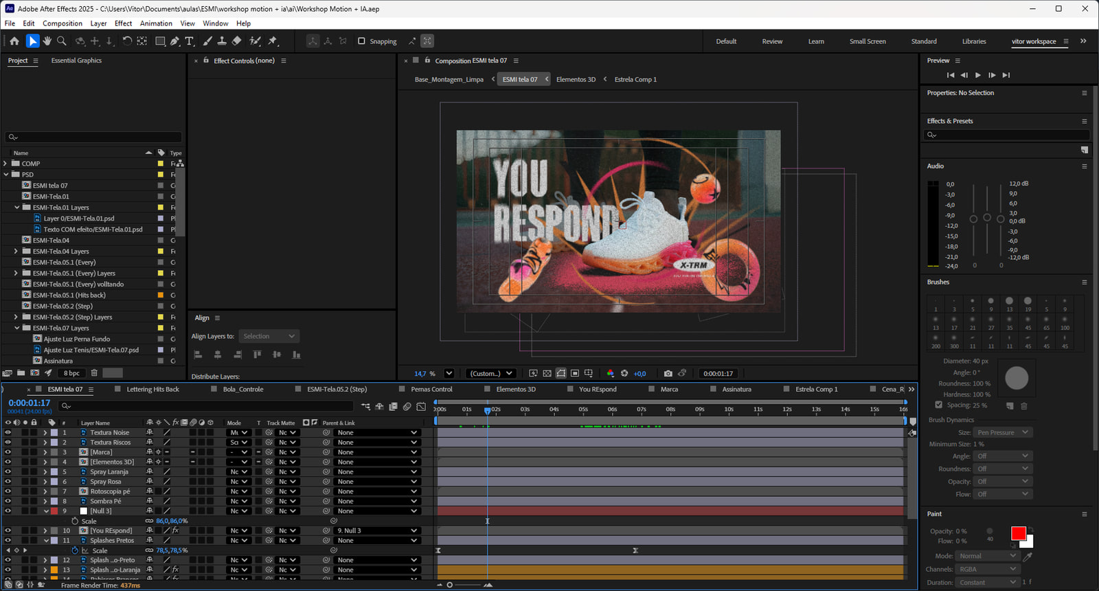 Composição da cena You respond aberta no After Effects, com o tênis